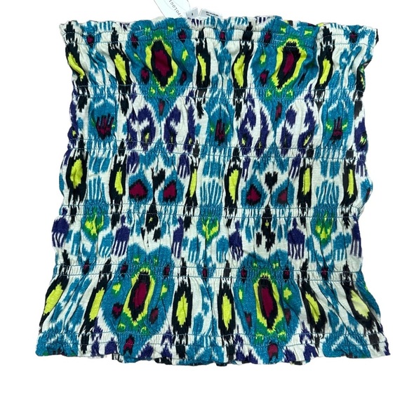 Anthropologie Smocked Turquoise Strapless Tube Top Ikat Print Festival - Picture 2 of 3